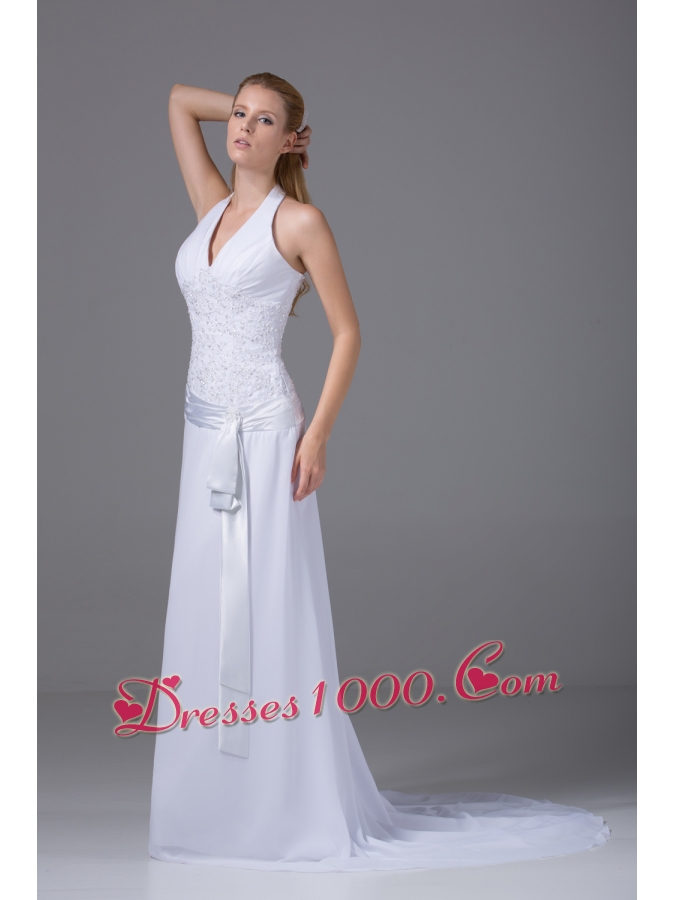 Halter Top Column Chiffon Appliques And Ruch Wedding Dress