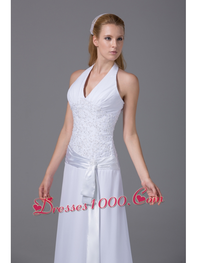 Halter Top Column Chiffon Appliques And Ruch Wedding Dress