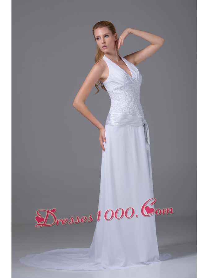 Halter Top Column Chiffon Appliques And Ruch Wedding Dress
