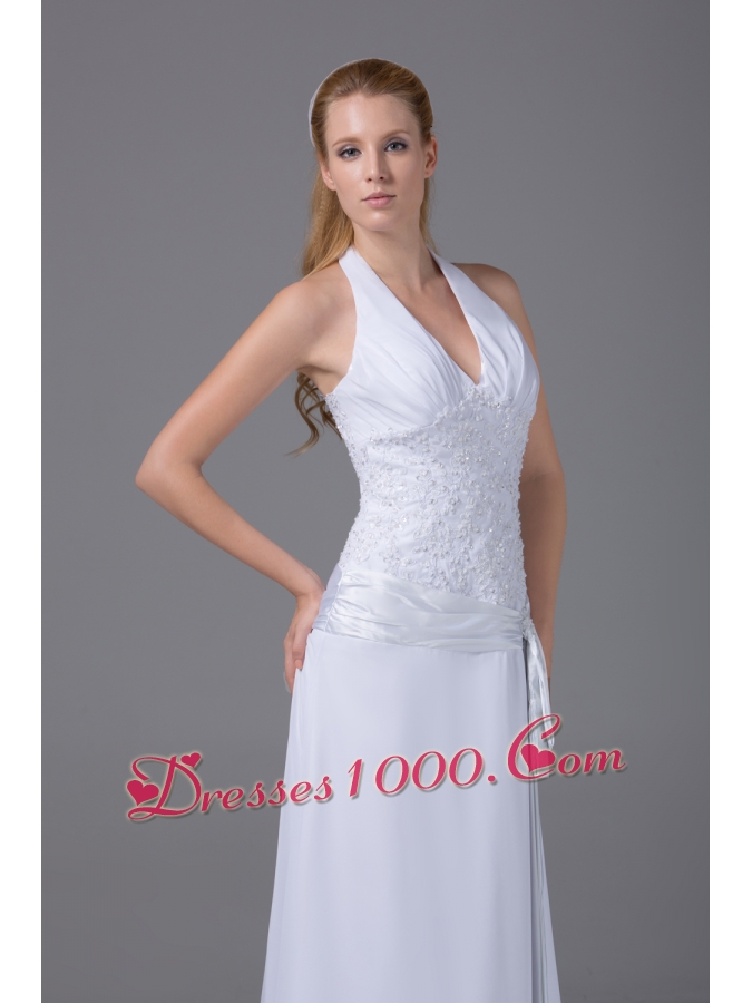 Halter Top Column Chiffon Appliques And Ruch Wedding Dress