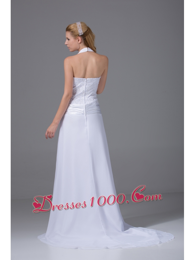 Halter Top Column Chiffon Appliques And Ruch Wedding Dress