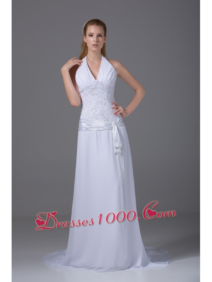 Halter Top Column Chiffon Appliques And Ruch Wedding Dress