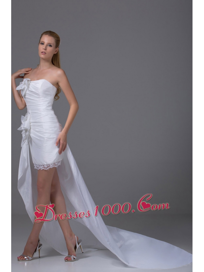 High-low Strapless Hand Made Flowers Taffeta Wedding Dress
