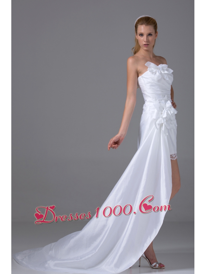 High-low Strapless Hand Made Flowers Taffeta Wedding Dress