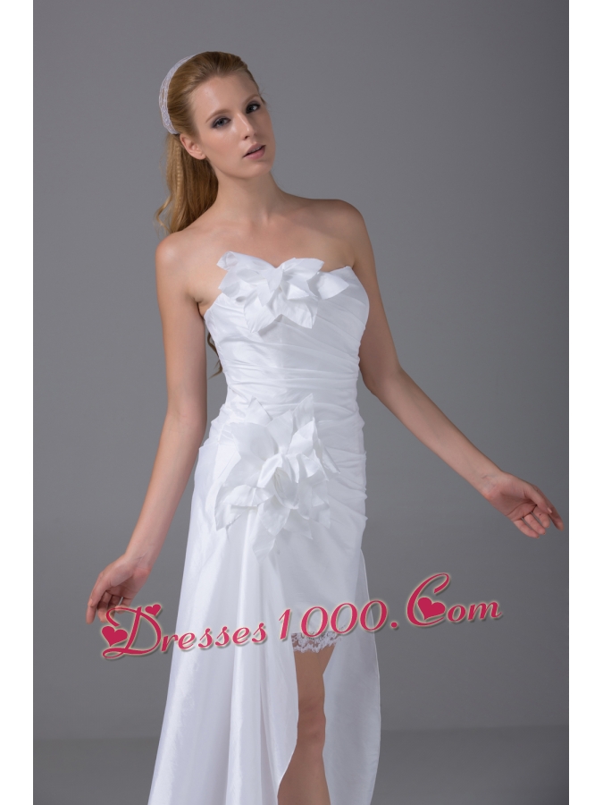 High-low Strapless Hand Made Flowers Taffeta Wedding Dress