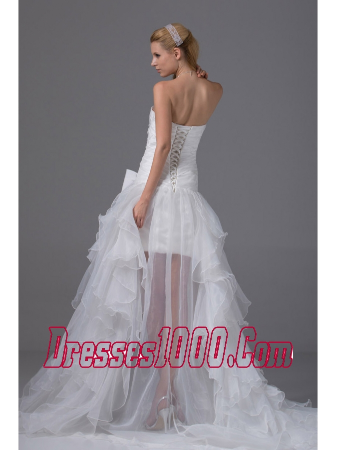 High-low Strapless Ruching Bow Organza Wedding Dress