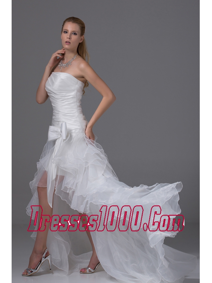 High-low Strapless Ruching Bow Organza Wedding Dress