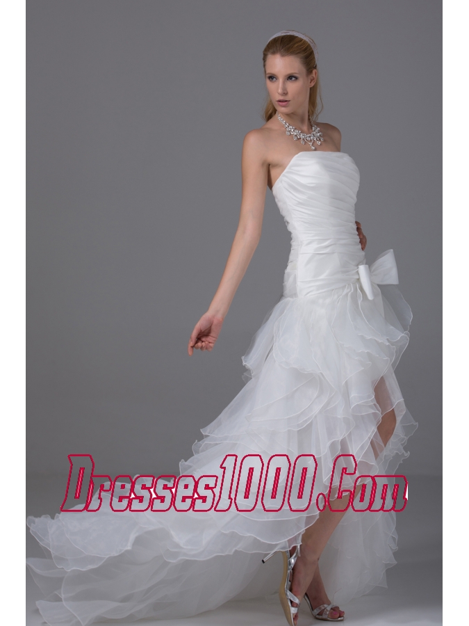 High-low Strapless Ruching Bow Organza Wedding Dress