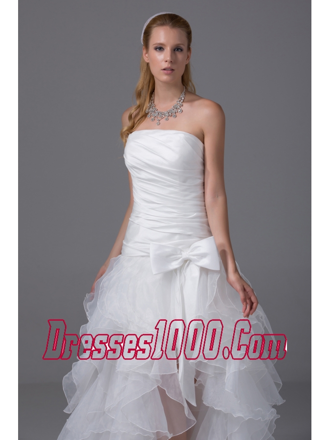 High-low Strapless Ruching Bow Organza Wedding Dress