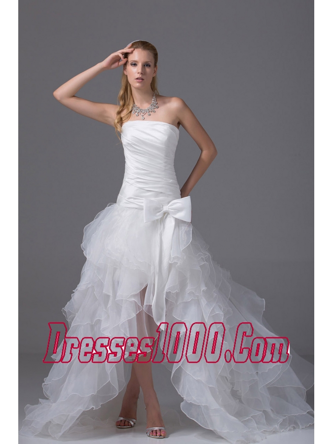 High-low Strapless Ruching Bow Organza Wedding Dress