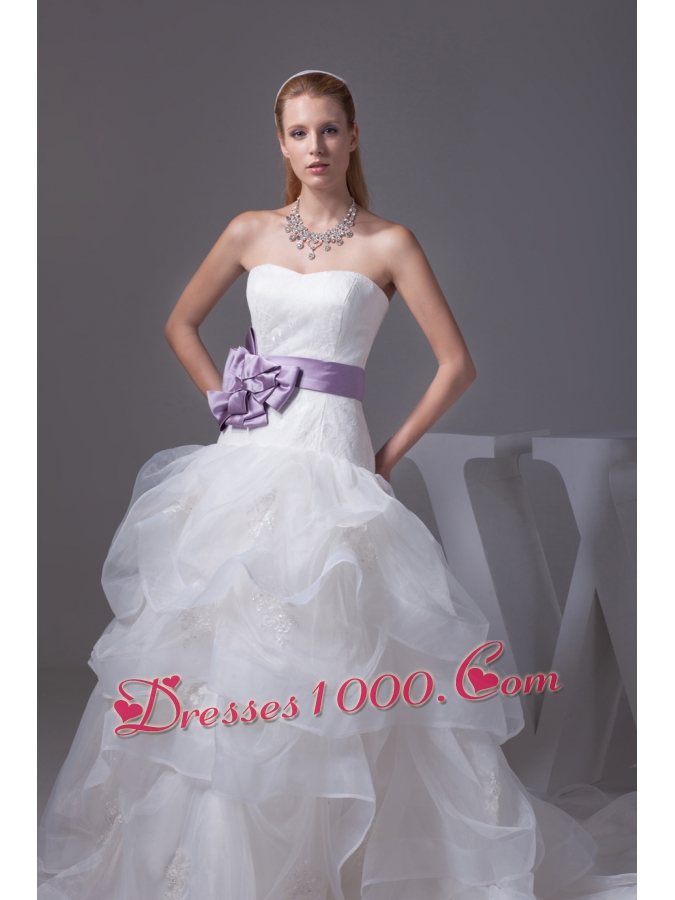 Lace Appliques Hand Made Flower Ruffles Wedding Dress