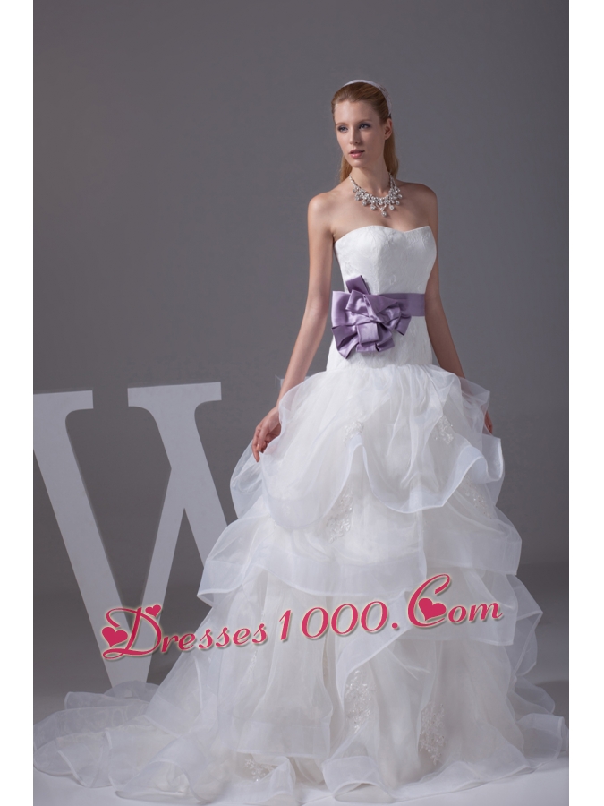 Lace Appliques Hand Made Flower Ruffles Wedding Dress