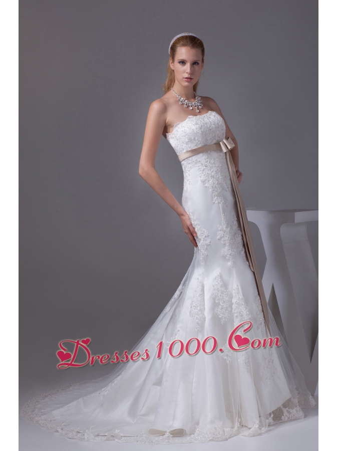 Lace Sash Strapless Mermaid Court Train Wedding Dress