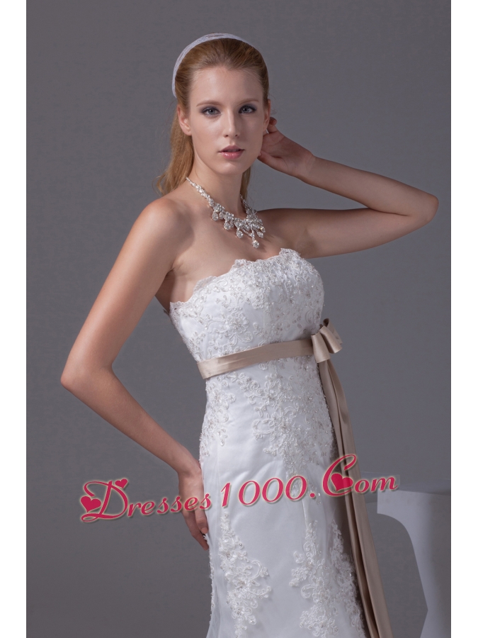 Lace Sash Strapless Mermaid Court Train Wedding Dress