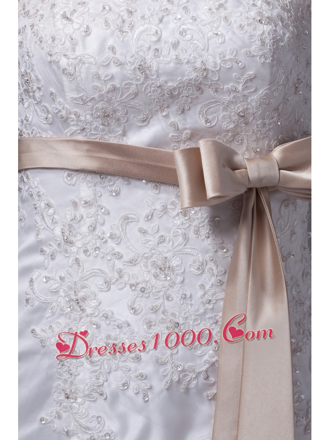 Lace Sash Strapless Mermaid Court Train Wedding Dress