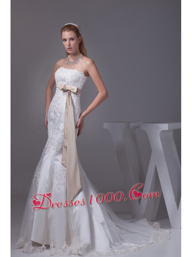 Lace Sash Strapless Mermaid Court Train Wedding Dress