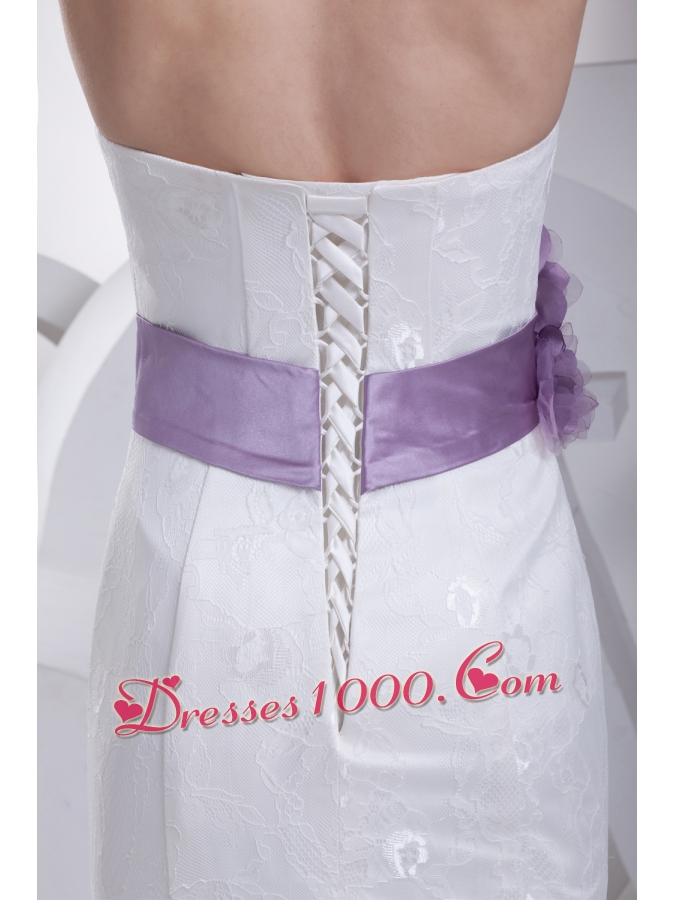 Mermaid Sash Strapless Lace Brush Train Wedding Dress