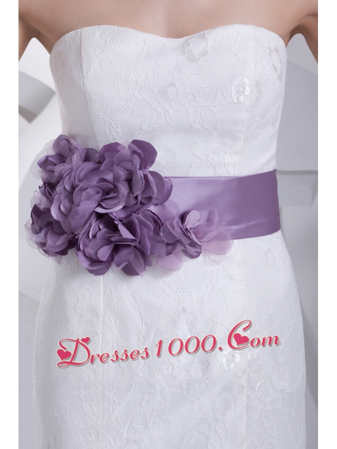 Mermaid Sash Strapless Lace Brush Train Wedding Dress