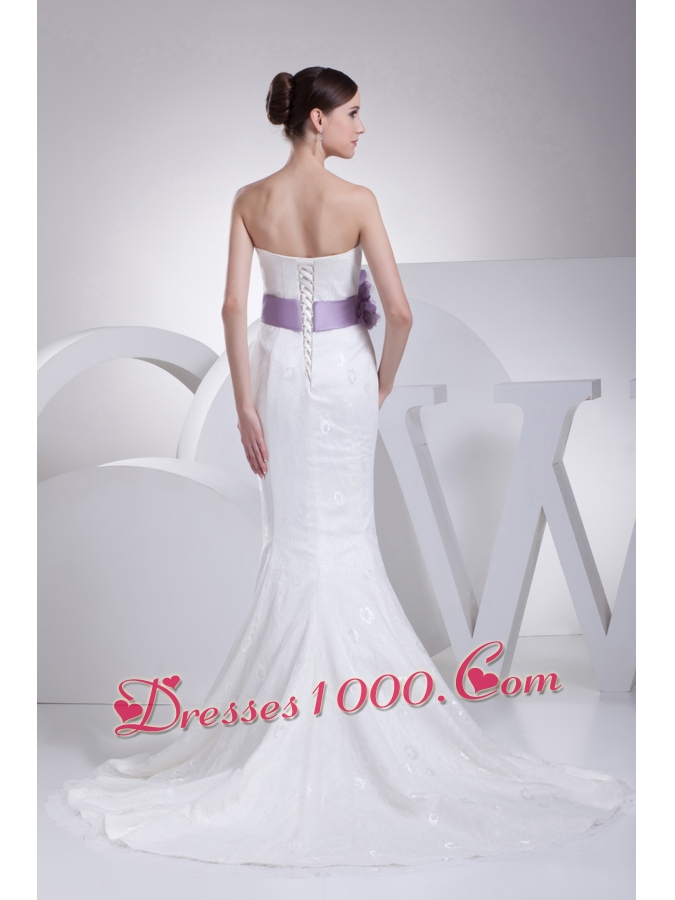 Mermaid Sash Strapless Lace Brush Train Wedding Dress