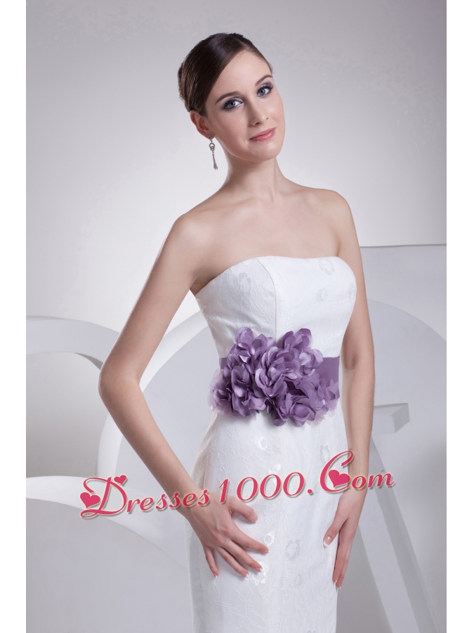 Mermaid Sash Strapless Lace Brush Train Wedding Dress