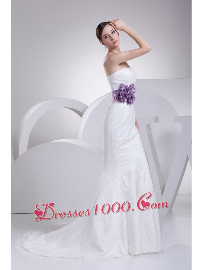 Mermaid Sash Strapless Lace Brush Train Wedding Dress