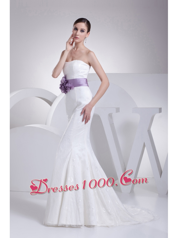 Mermaid Sash Strapless Lace Brush Train Wedding Dress