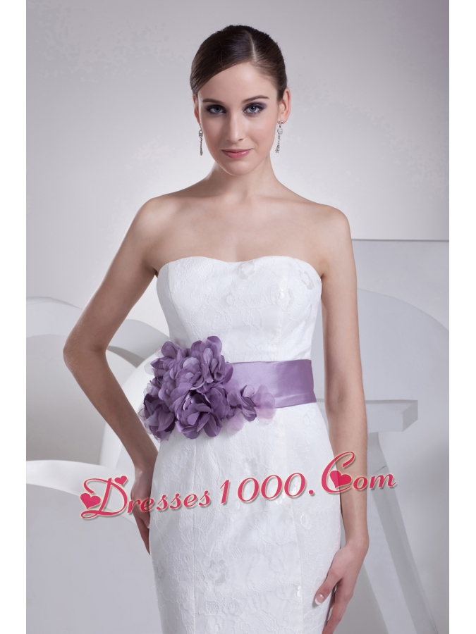 Mermaid Sash Strapless Lace Brush Train Wedding Dress