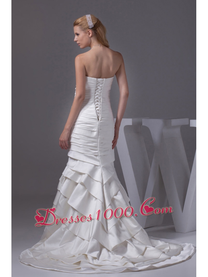Mermaid Strapless Ruffled Layers Satin Wedding Dress