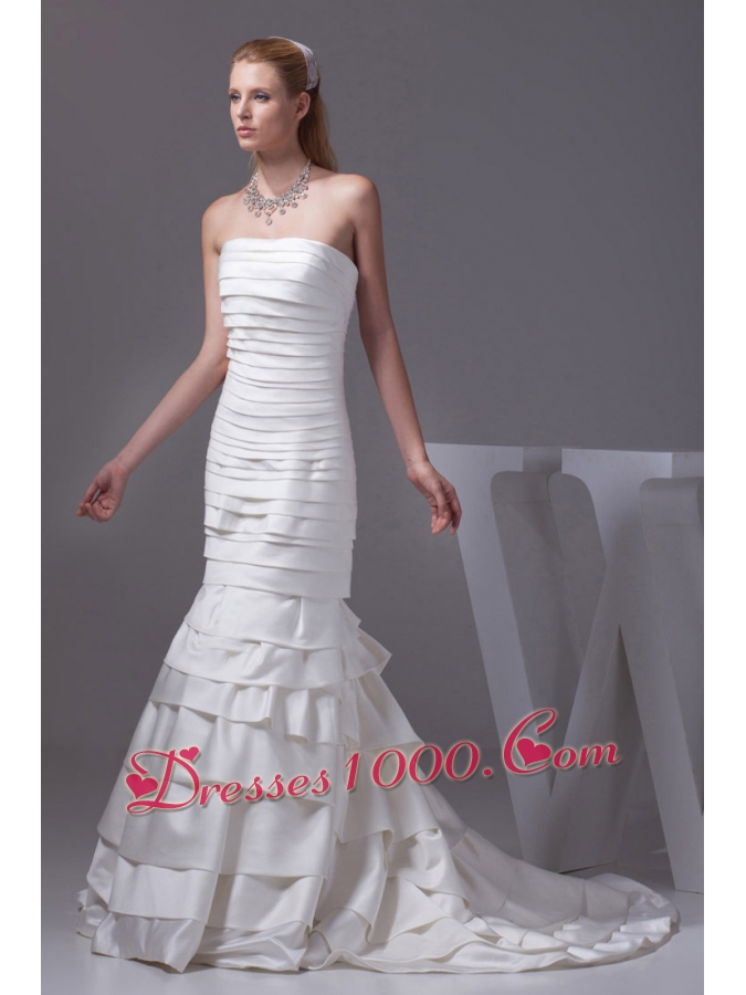 Mermaid Strapless Ruffled Layers Satin Wedding Dress
