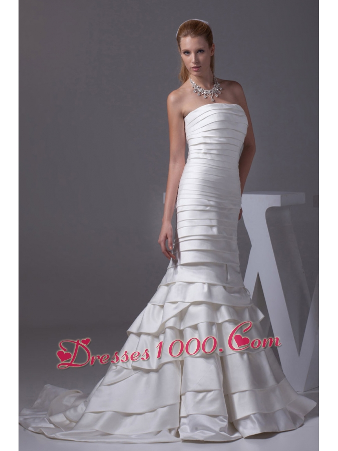Mermaid Strapless Ruffled Layers Satin Wedding Dress