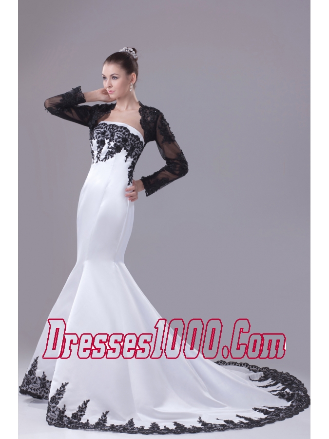 Modest Lace Strapless Mermaid Chapel Train Wedding Dress