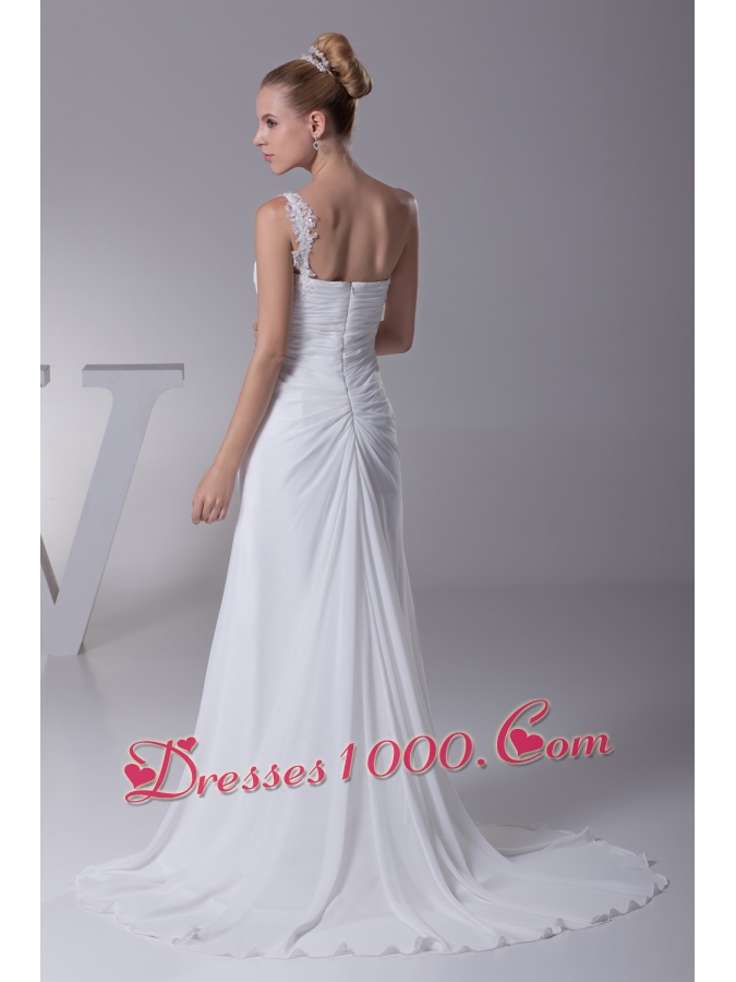 One Shoulder High Slit Ruching Appliques Wedding Dress