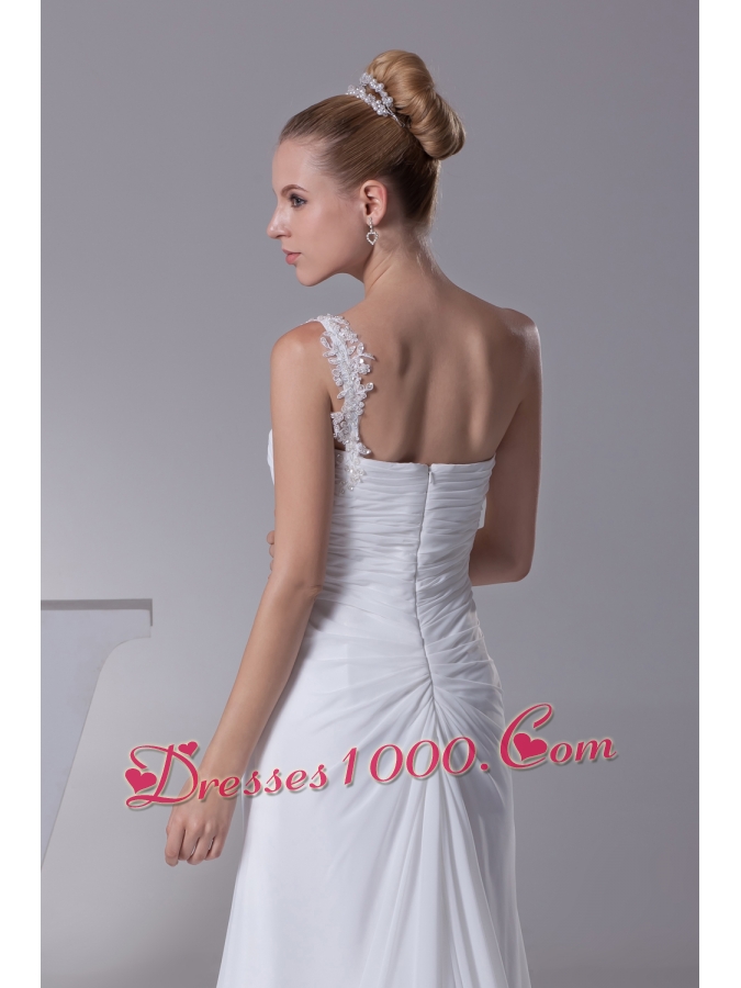 One Shoulder High Slit Ruching Appliques Wedding Dress