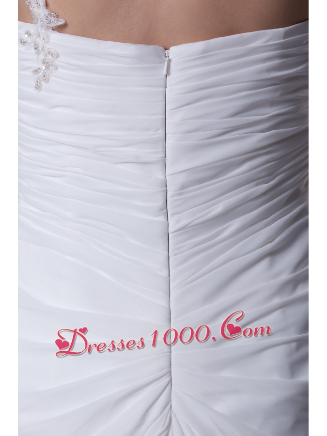 One Shoulder High Slit Ruching Appliques Wedding Dress