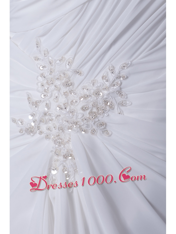 One Shoulder High Slit Ruching Appliques Wedding Dress