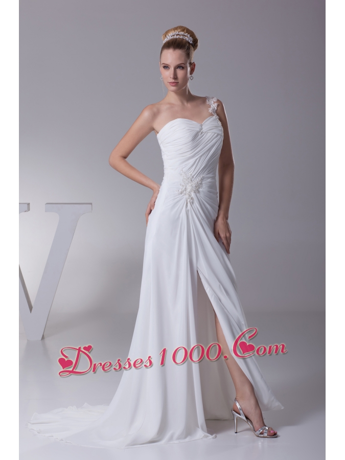 One Shoulder High Slit Ruching Appliques Wedding Dress