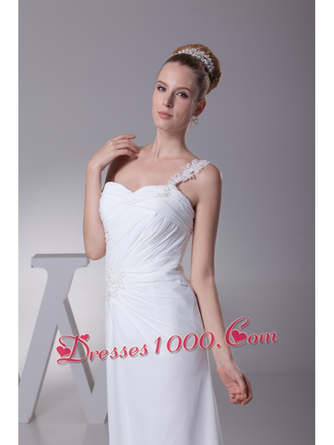One Shoulder High Slit Ruching Appliques Wedding Dress