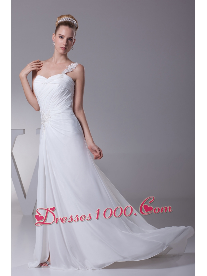 One Shoulder High Slit Ruching Appliques Wedding Dress