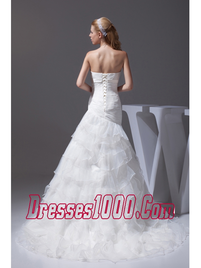 Ruffled Layers A-line Brush Train Strapless Wedding Dress