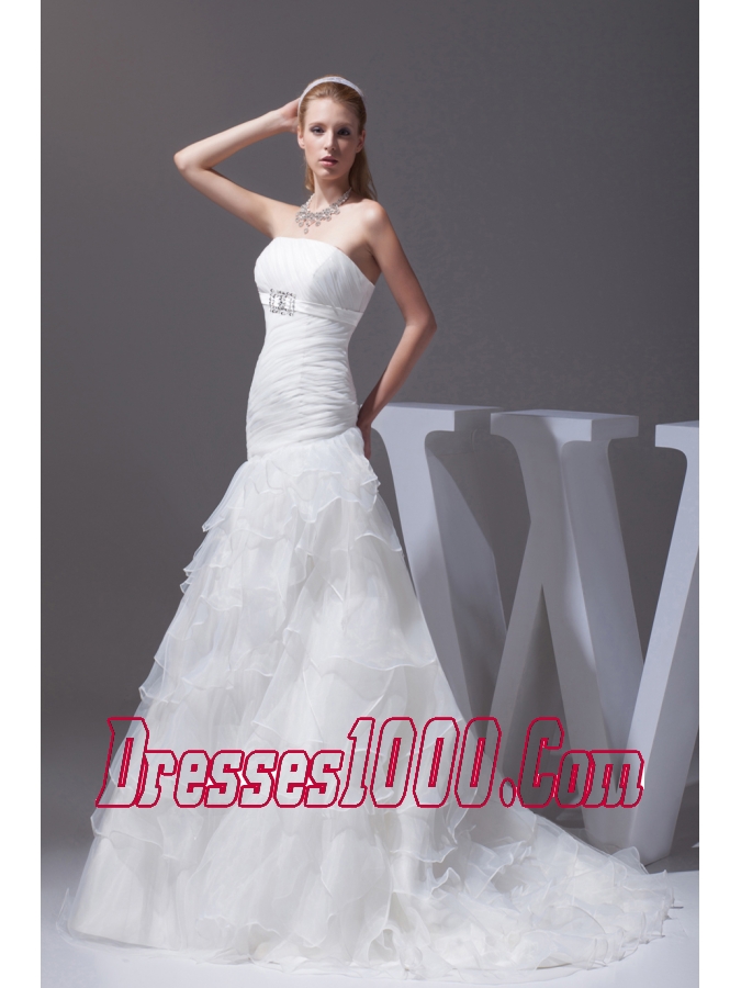 Ruffled Layers A-line Brush Train Strapless Wedding Dress