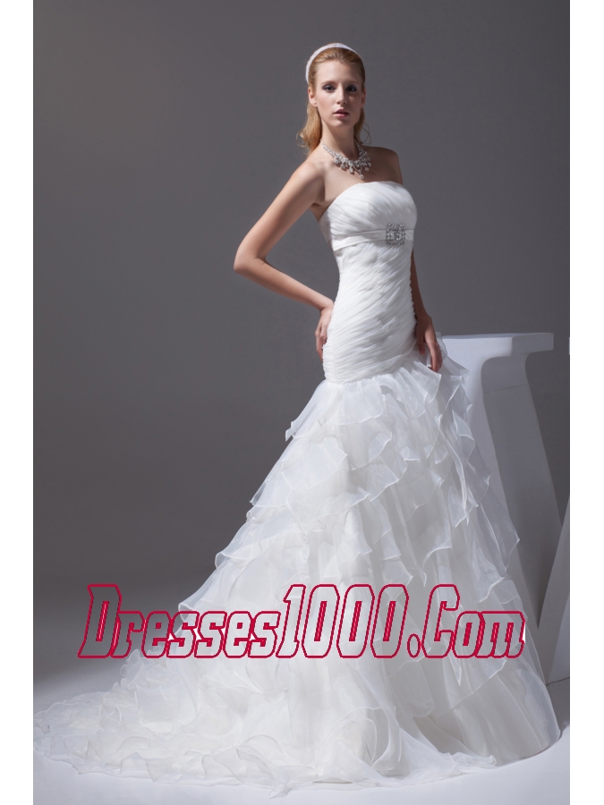 Ruffled Layers A-line Brush Train Strapless Wedding Dress