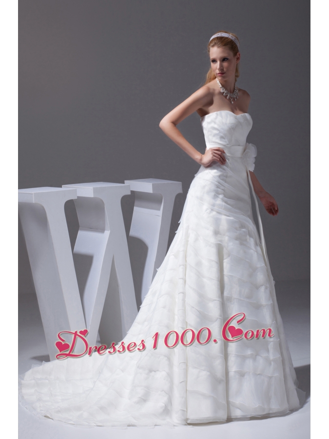 Sash Ruffled Layers A-line Brush Train Wedding Dress
