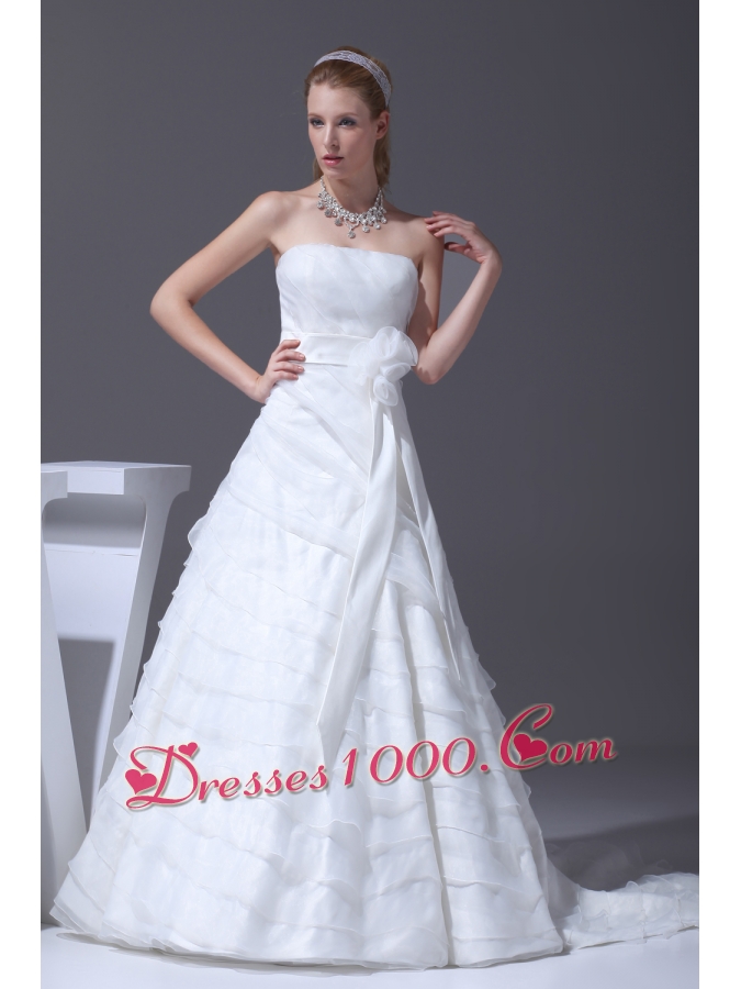 Sash Ruffled Layers A-line Brush Train Wedding Dress