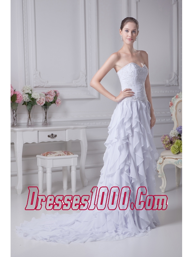 Sweehteart Ruffles Embroidery Brush Train Chiffon Wedding Dress