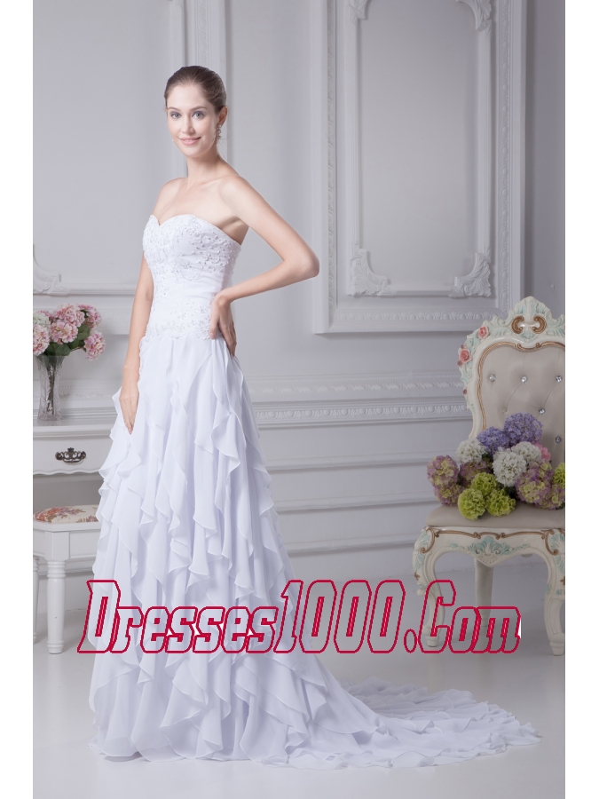 Sweehteart Ruffles Embroidery Brush Train Chiffon Wedding Dress