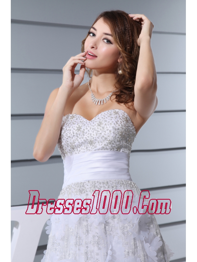 White Beading Sweetheart Hand Made Flowers Wedding Dress