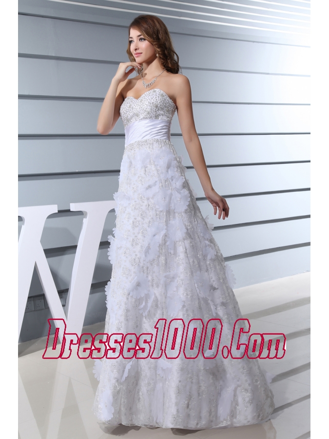 White Beading Sweetheart Hand Made Flowers Wedding Dress