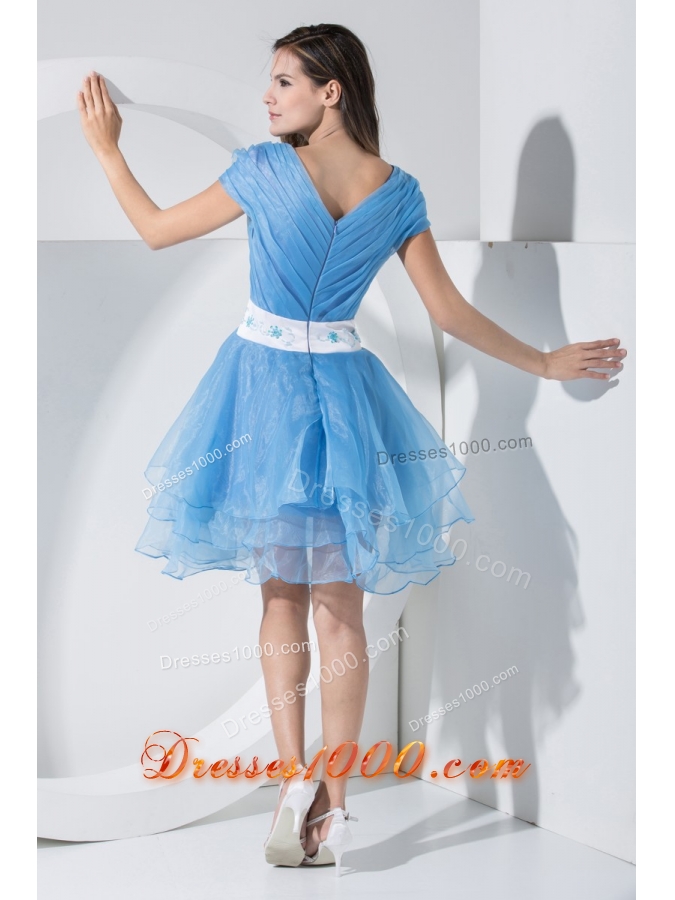 Beadings and Sash Decorated Short Sleeves U-neck Tiers Prom Dress