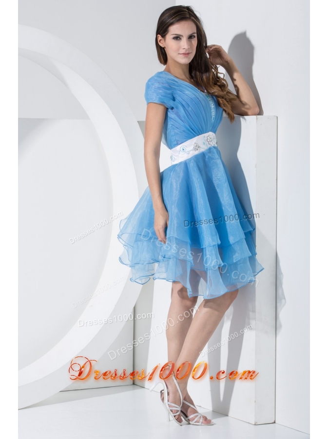 Beadings and Sash Decorated Short Sleeves U-neck Tiers Prom Dress