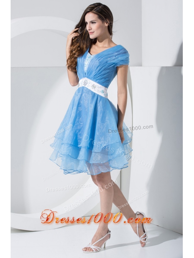 Beadings and Sash Decorated Short Sleeves U-neck Tiers Prom Dress